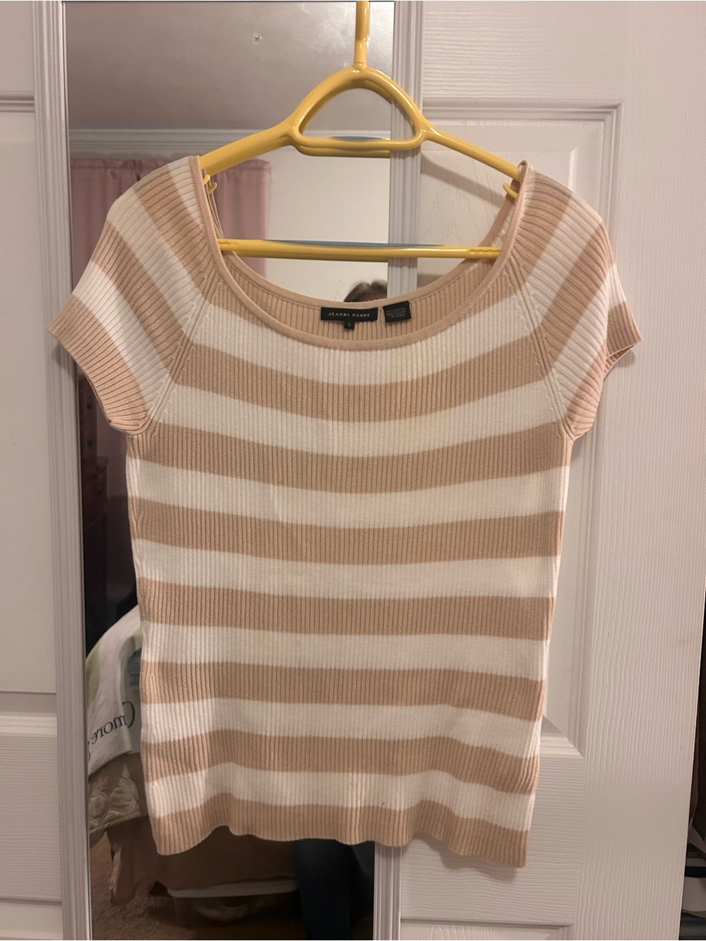 JEANNE PIERRE Beige & White Striped Short Sleeve Knit Top